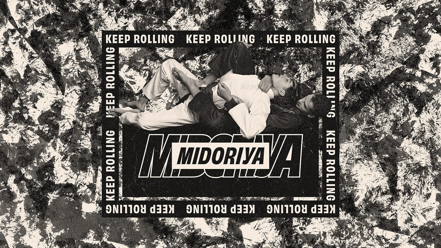 Black and white composite image, combining camo-like pattern, bold typography, and a cutout of two people doing jiu-jitsu.