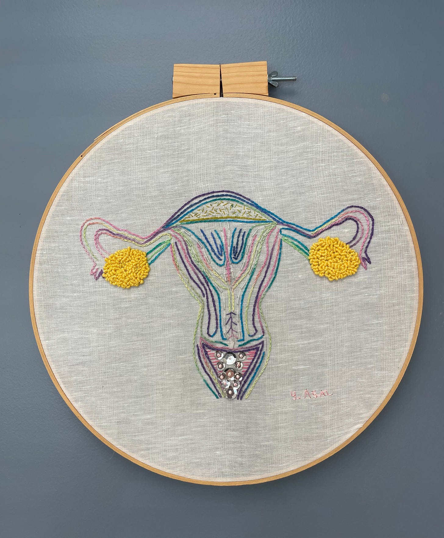 circular wood framing a multi-colored cross-stitch of a vagina and ovaries. Of note: the ovaries are yellow yarn. The fallopian tubes are pink and purple. The pubis area contains sequins. 