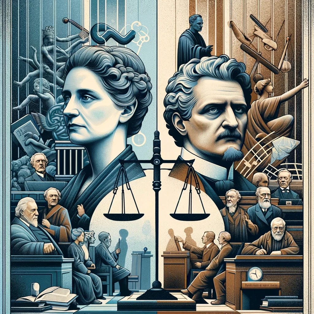 A cover image for a Substack essay titled 'Comparing the Approaches of Arendt and Schelling on the Question of Evil: A Philosophical Investigation into Human Freedom and the Banality of Evil.' The image is split to represent the different eras and contexts of Hannah Arendt and Friedrich Wilhelm Joseph Schelling. On one side, there is an image of Hannah Arendt with a backdrop of a courtroom or a symbolic representation of bureaucracy and totalitarianism. On the other side, there is an image of Friedrich Wilhelm Joseph Schelling with a philosophical or abstract background that includes symbolic elements of freedom and moral struggle. Between them, a subtle overlay of a balance scale symbolizes the weighing of their differing philosophical views. The color scheme is a muted intellectual palette of blues, grays, and sepia tones to convey depth and seriousness.