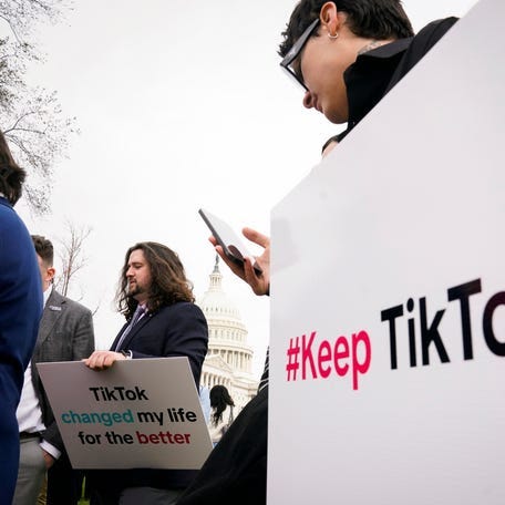 Protesters outside of the United States Capitol as the House voted and approved a bill Wednesday that would force TikTok’s parent company to sell the popular social media app or face a practical ban in the U.S.