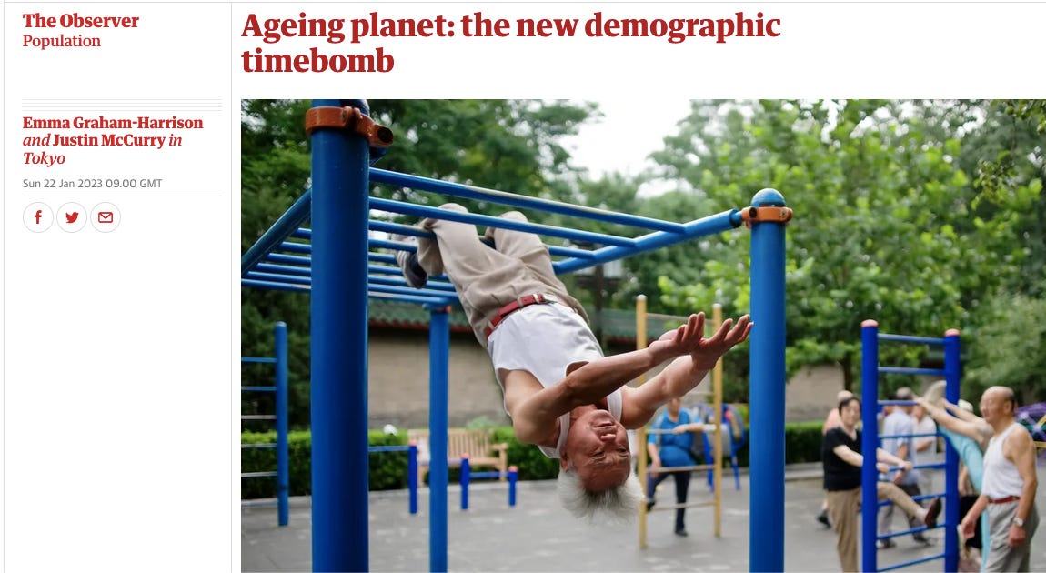 a screenshot of the guardian headline: ageing planet the new demographic timebomb showing an elderly man who looks Asian doing situps while hanging upside down from a jungle gym
