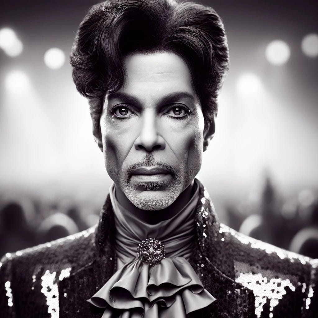 An older man with fine, distinct features reminiscent of the artist known as Prince, but aged with time. He should have a slim, graceful face, high cheekbones, and expressive, almond-shaped eyes with subtle makeup, in the iconic style of Prince. The man's hair is styled in a way that reflects Prince's unique hairstyles but is now thinning and grayer, showcasing the natural progression of age. His attire is a sequined jacket with intricate patterns and a flamboyant ruffled shirt, evoking the legendary and unmistakable fashion sense of Prince. In the background, there's a soft blur of stage lights and an audience, creating a sense of being in the midst of a performance. The entire image should be rendered in monochrome to capture the timeless and classic essence.