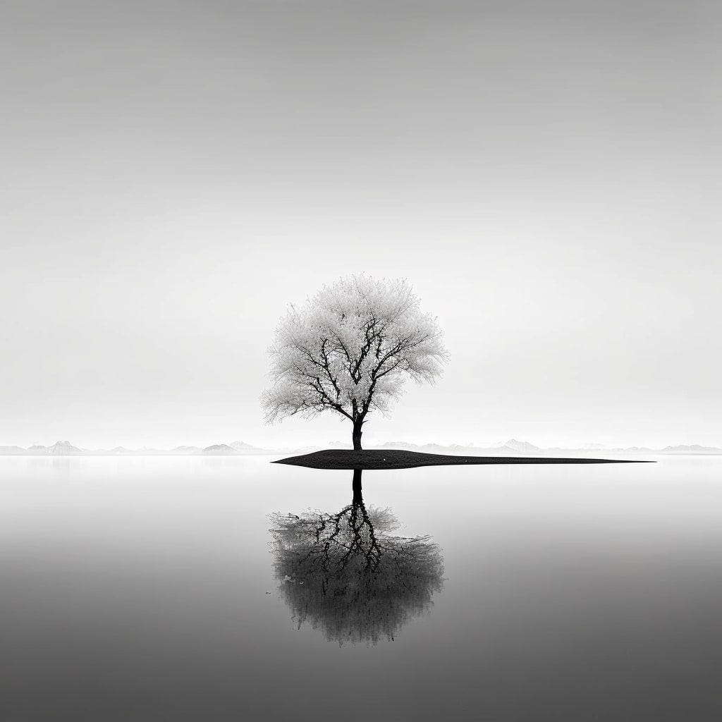 a peaceful lake by a single tree, minimalism --v 4
