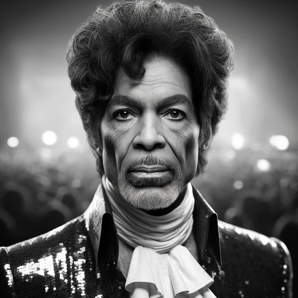 An aged African American man with very sparse, almost balding hair, maintaining a semblance to the musician Prince. The remaining hair is grey, finer, and receded significantly to illustrate advanced age. His facial features are marked with deep wrinkles and age spots, yet still preserve the iconic look of Prince with high cheekbones and soulful eyes, which have a subtle hint of makeup as a nod to Prince's style. The man's attire consists of a dazzling sequined jacket and a sophisticated ruffled blouse, befitting Prince's distinctive fashion, but with an air of venerable grace. The background is a blurry mix of warm stage lights and an audience, captured in monochrome to accentuate a timeless, classic feel.