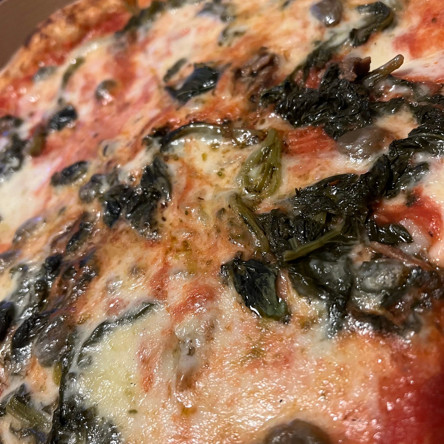 Neapolitan: a tomato and mozzarella base with onions, anchovies, capers, olives and oregano with an add-on of friarelli stems