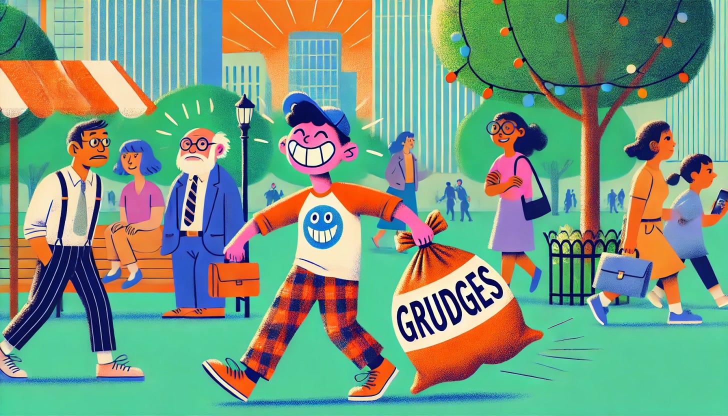 A humorous and colorful digital illustration showing a cartoonish, energetic person with ADHD letting go of a heavy bag labeled clearly as 'Grudges' while looking relieved and happy. In the background, smiling but clueless neurotypical people are walking past, unaware of the burden the ADHD person was carrying. The scene is bright and uplifting, set in a lively park or city street, with exaggerated expressions and movement to emphasize freedom and relief. Make sure all text is spelled correctly and easy to read.