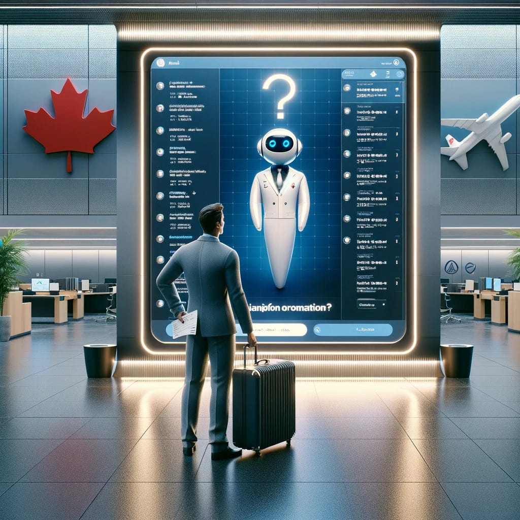 In a corporate setting, a man stands perplexed in front of a large, futuristic computer screen displaying a chat interface with an AI chatbot. The chatbot, represented by an avatar with a question mark in the middle, is providing information. The man is holding a plane ticket and a briefcase, symbolizing a business traveler. In the background, the logo of a Canadian airline is subtly integrated into the decor, hinting at the context without explicitly naming the company. The setting is modern and sleek, suggesting a high-tech environment where technology and human interaction intersect.