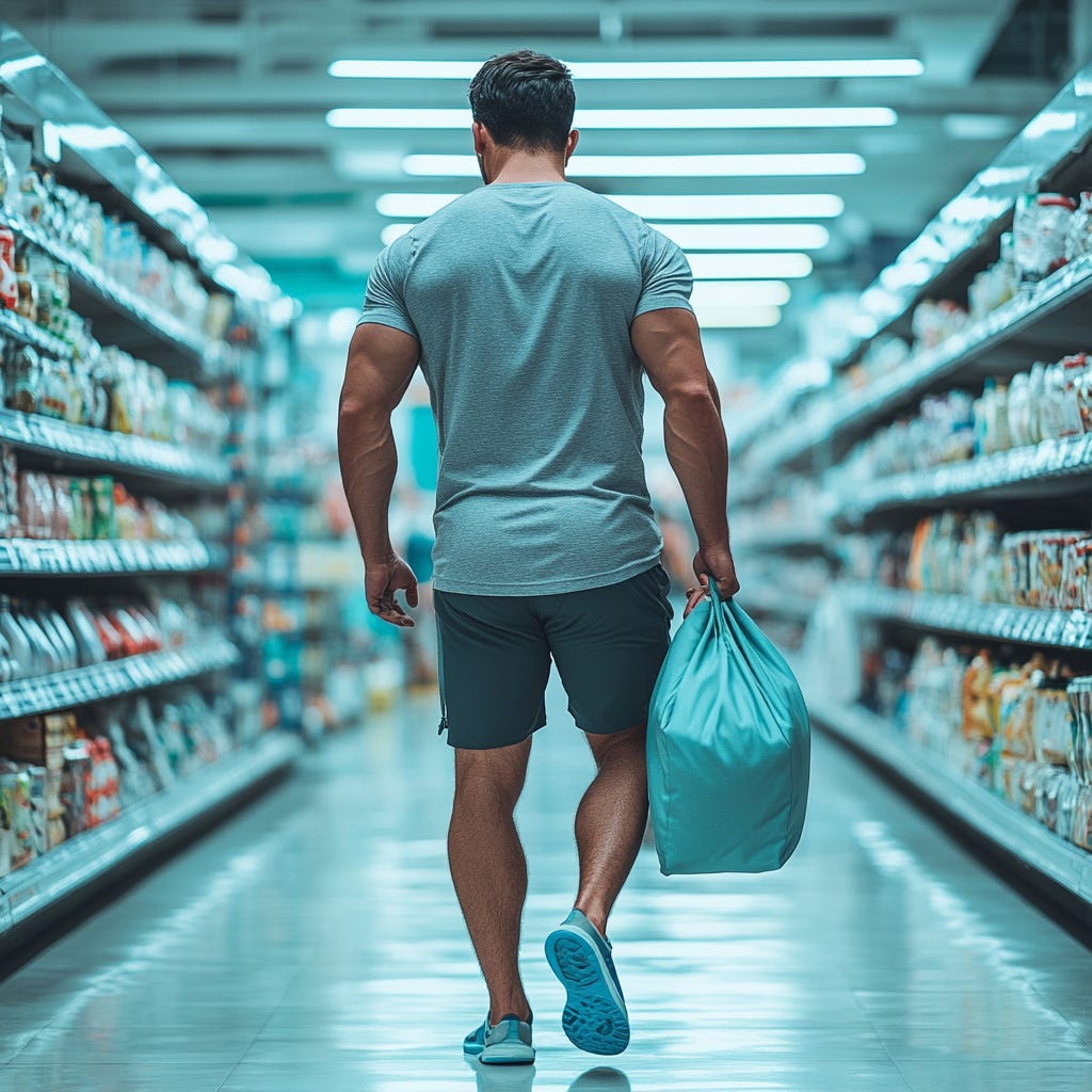 Fit, male athlete shopping for plant-based food after a workout at the gym. 