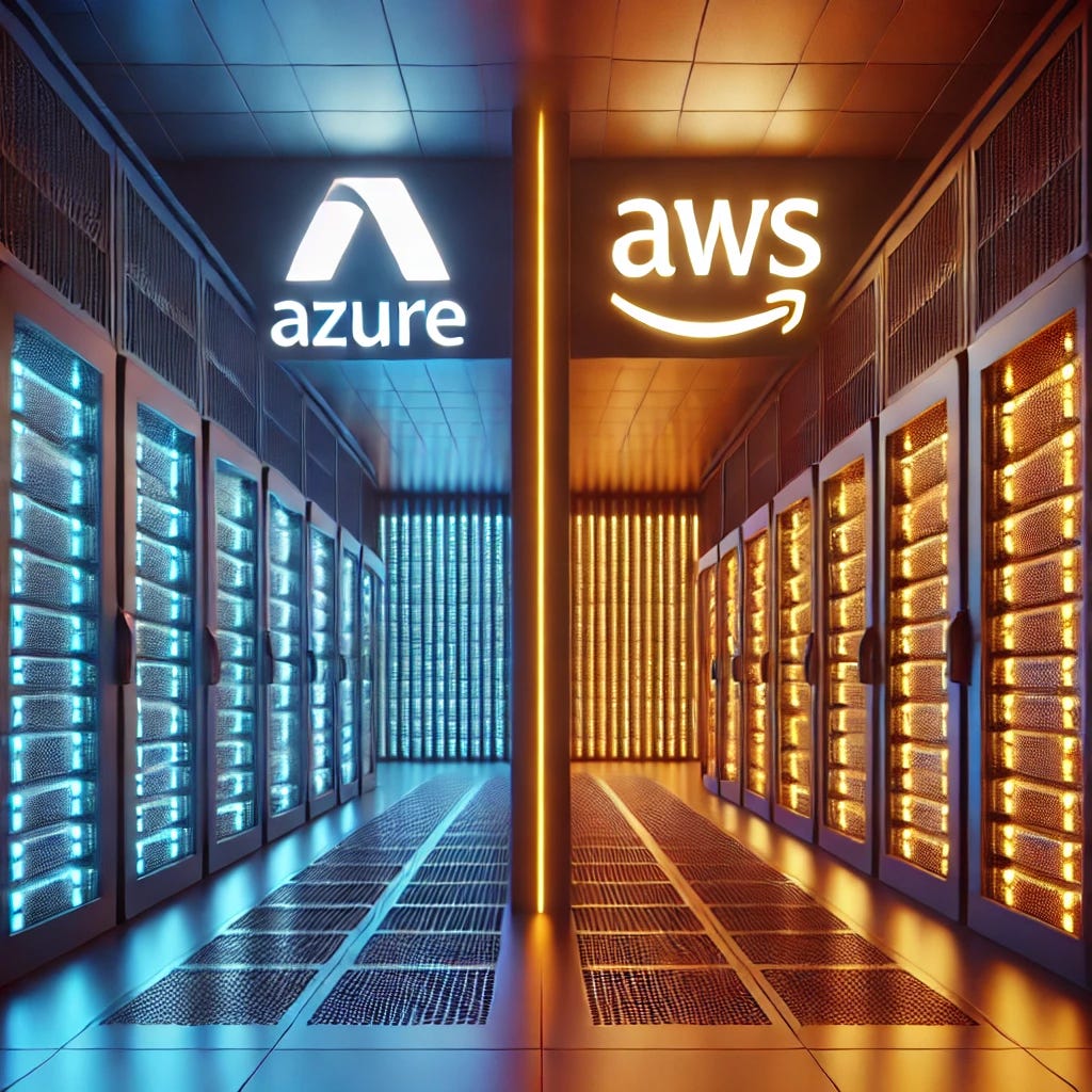 A visually striking image of a server room divided into two halves, representing Azure on the left with a blue hue and AWS on the right with an orange hue. Each side features the respective company logos prominently displayed on the wall—Azure's logo on the blue side and AWS's logo on the orange side. The server racks are evenly distributed across both sides, with glowing lights matching the respective color schemes. The design should emphasize symmetry and clarity, highlighting the duality of the two cloud providers in a clean, modern setting.