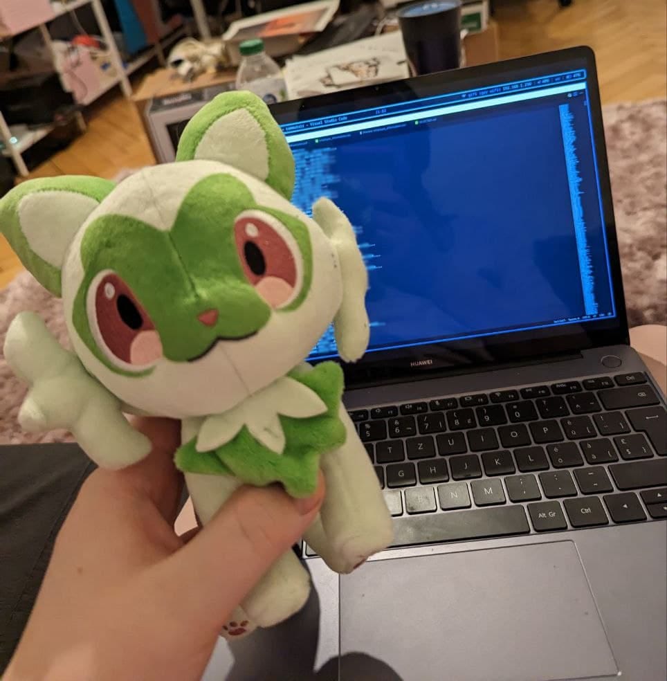 Sprigatito Pokemon plushie posing in front of the laptop screen that displays the No Fly list from 2019 found by hacktivist maia arson crimew on a CommuteAir open server