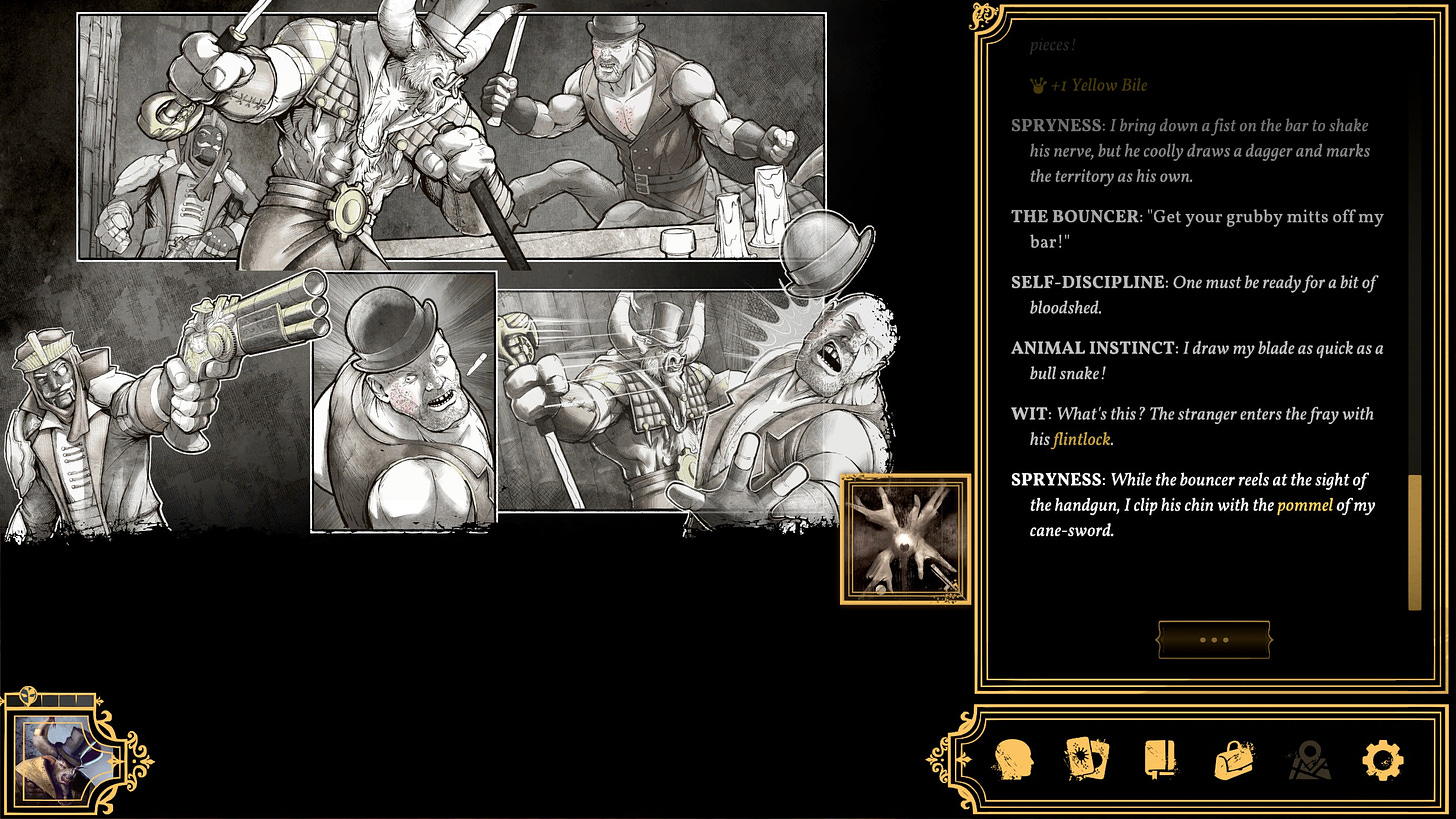 A screenshot of the game Sovereign Syndicate, showing a fight between Atticus Daley, the Minotaur playable character, and a Centaur bouncer and bartender. The fight is rendered in comic book style on the central panel with the descriptive dialogue on the right.