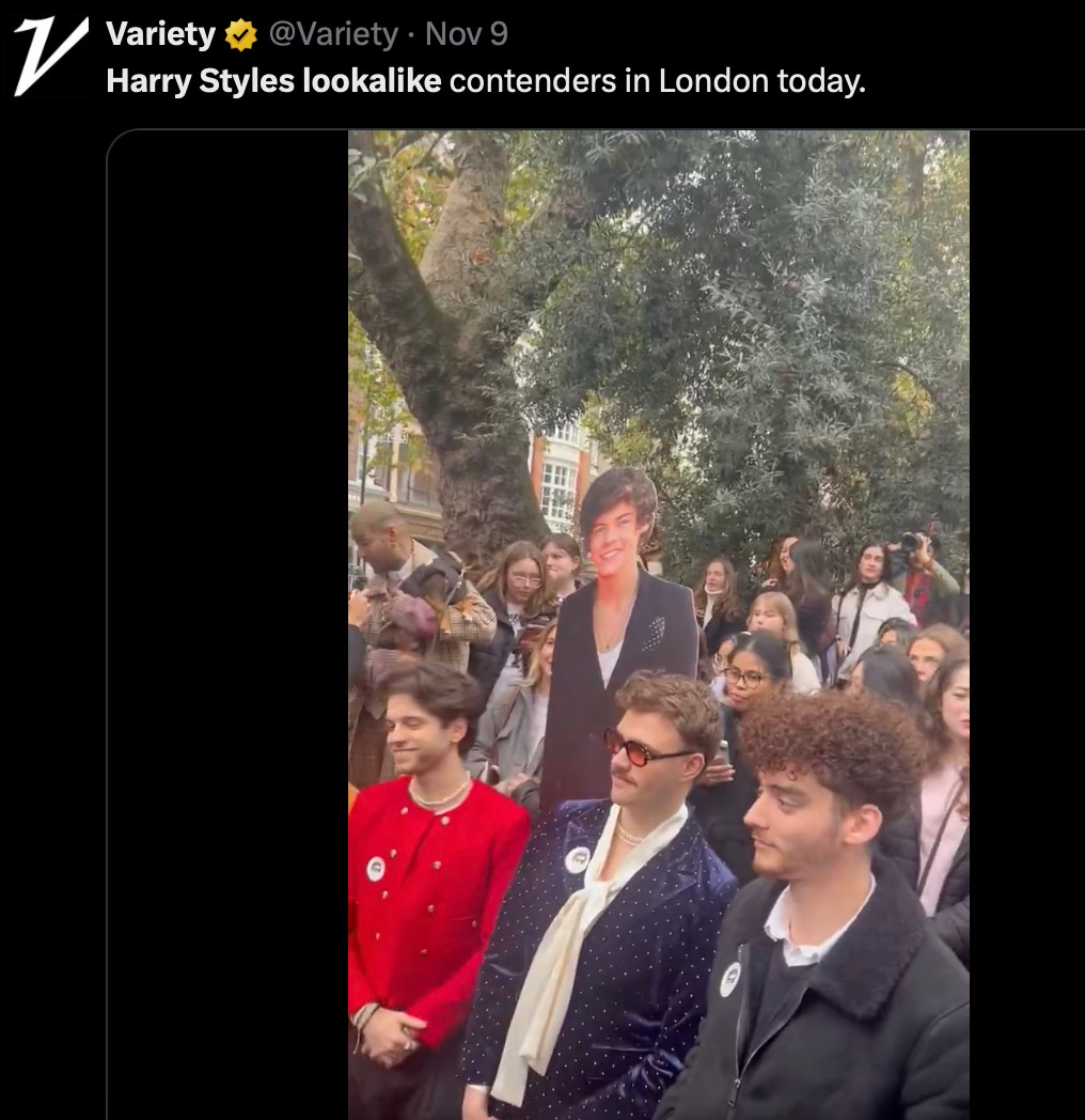 A screenshot of a tweet from Variety magazine, which says Harry Styles lookalike contenders in London today. And the image is a still from a video which shows three men who look absolutely nothing like Harry Styles apart from the fact that they have kind of dark hair