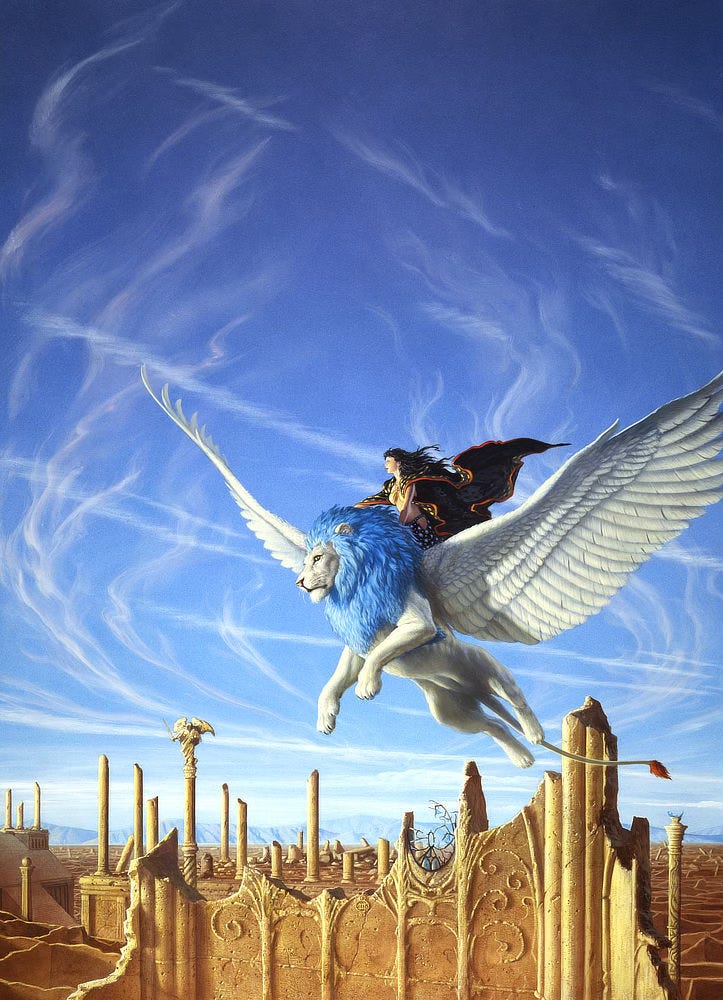 Over the broken ruins of a fantastical city, a raven haired young woman takes flight on the back of a white lion. With golden eyes and azure mane, it spreads majestic raptor-like wings to soar. As she scans the distance, her eyes signal concern. Wind whips her hair back and billows her cloak. The silky fabric evokes magic in its pattern, black trimmed in red with a regal gold-dotted motif. Wispy tendrils of clouds trace powder blue skies, suggesting an upward drift of air current.