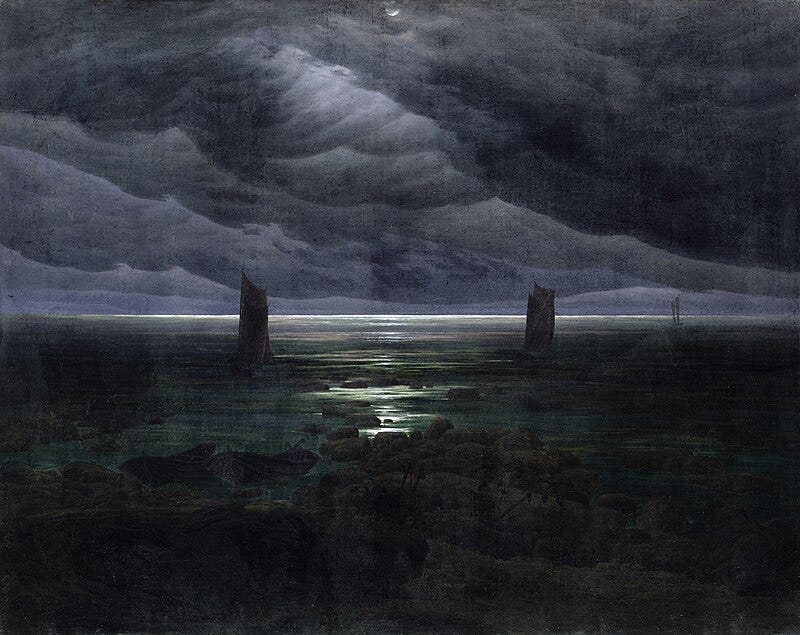 Seashore by Moonlight (1835–1836). 134 × 169 cm. Kunsthalle, Hamburg. His final "black painting", it is described by William Vaughan as the "darkest of all his shorelines."[39]