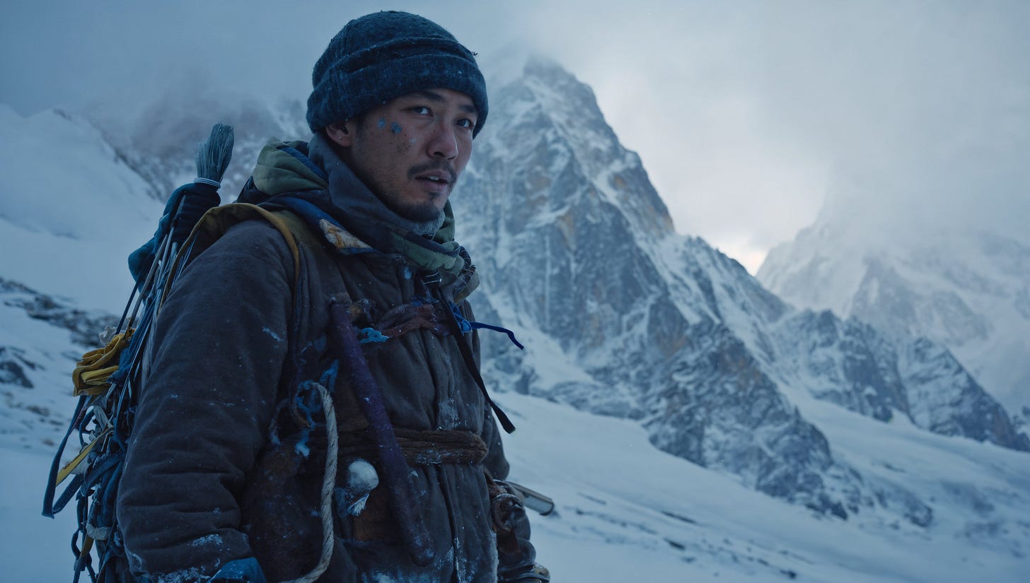 Himalayan sherpa against mountain backdrop, extreme weather conditions visible, natural high-altitude lighting