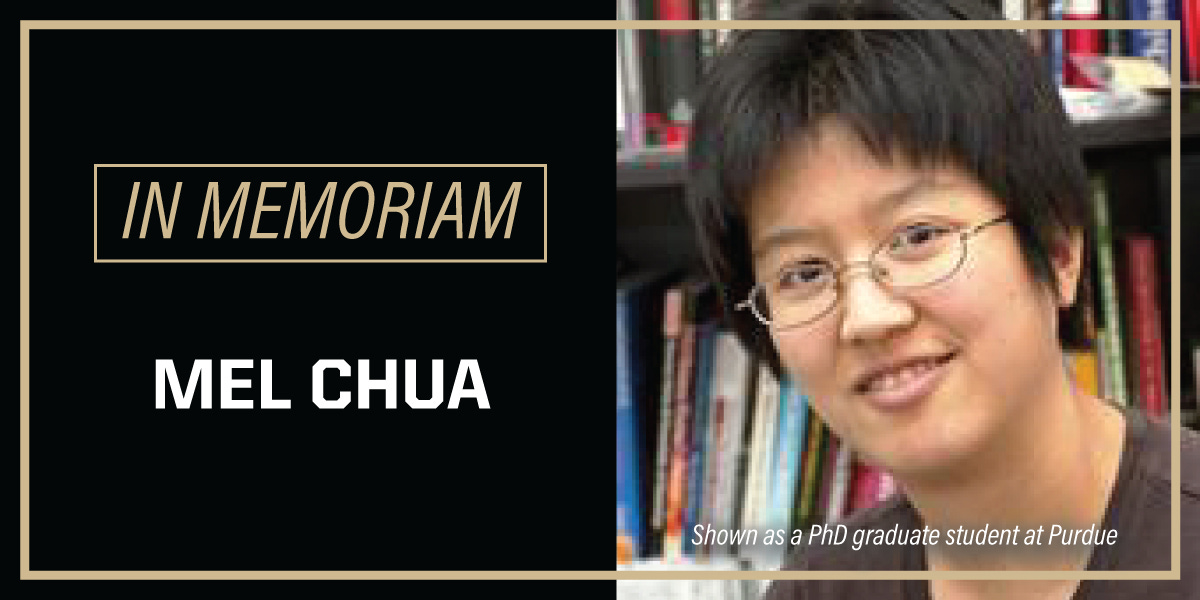 An image of an Asian American nonbinary person in round glasses, smiling at the camera in a library. Text says, In memoriam, Mel Chua, shown as a PhD graduate student at Purdue.