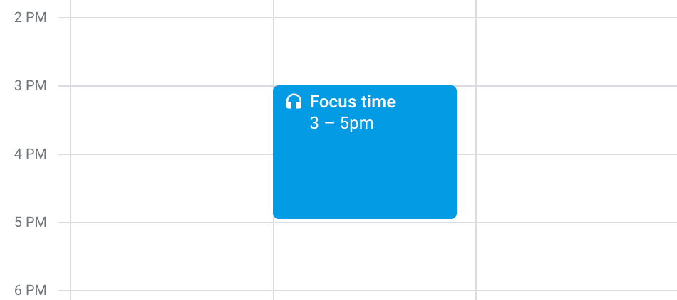 A focus time block on Google Calendar, with a headphones icon