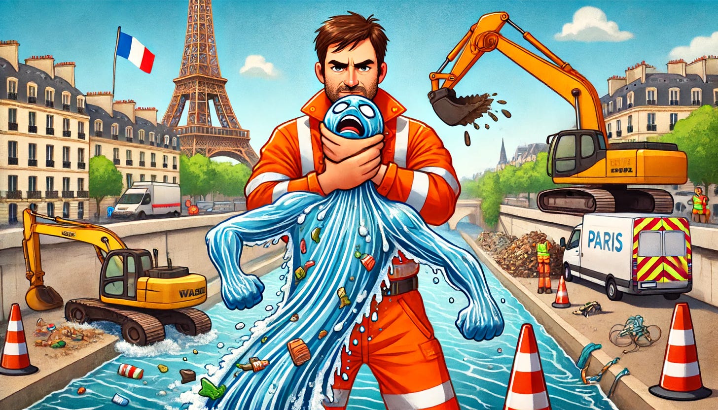 A brown-haired French man in his mid-40s, dressed in high-visibility orange construction gear, putting the animated version of the river Seine in a chokehold. The river Seine is personified with water arms, a face, and polluted elements like trash and debris, clearly showing it's the spirit of the polluted river. The background features Paris landmarks like the Eiffel Tower and Notre Dame, with construction equipment and cleanup crews working along the riverbanks, symbolizing the effort to clean up the river before the 2024 Olympic Games.