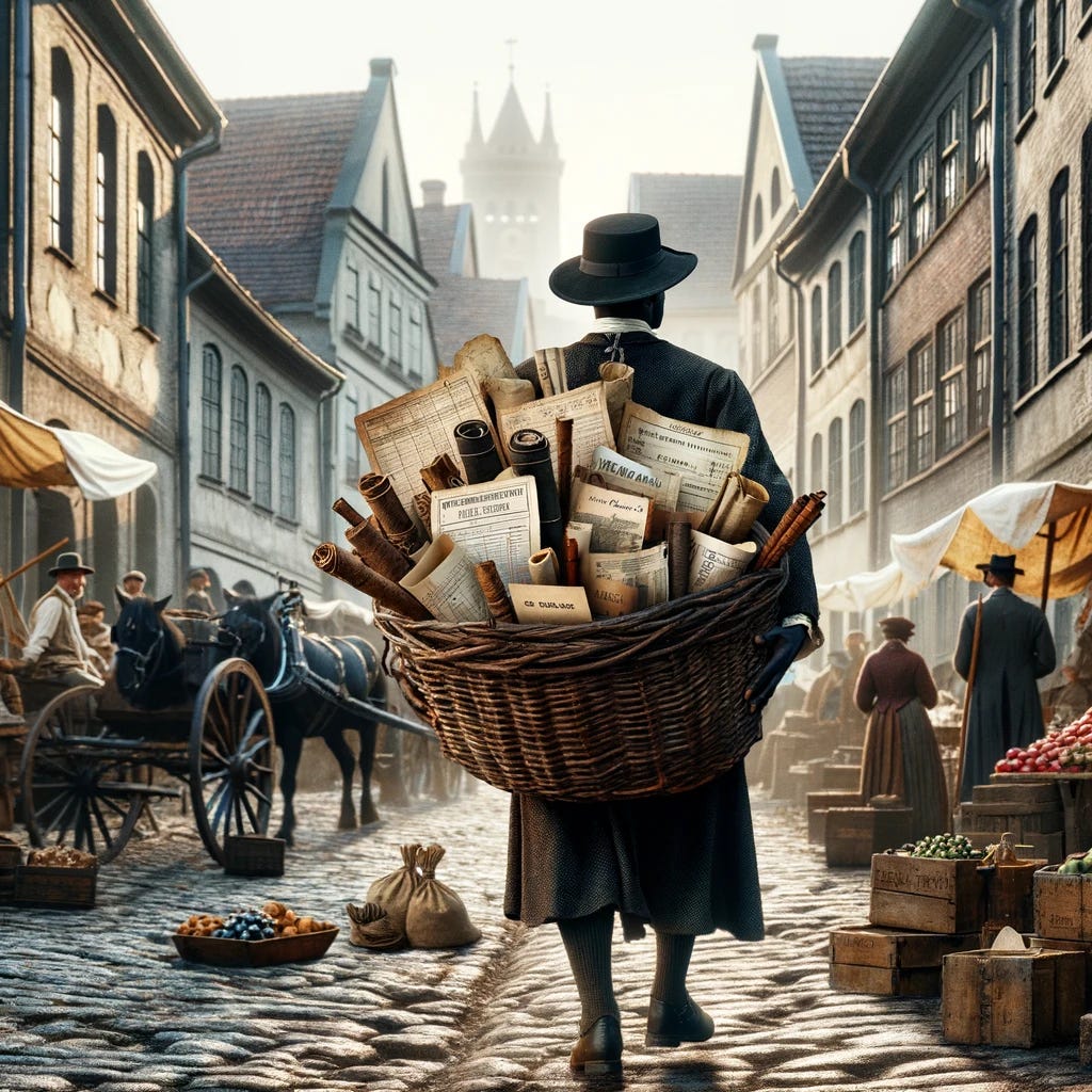 An image set in a historical, old-timey market scene. A person, middle-aged and of Black descent, dressed in traditional attire from the late 1800s, is walking towards a bustling marketplace. They carry a large, rustic woven basket (panier) over their shoulder, overflowing with an assortment of financial documents, such as options contracts, stock certificates, and bond papers, instead of traditional market goods. The background features cobblestone streets, horse-drawn carriages, and vendors selling various old-fashioned items.