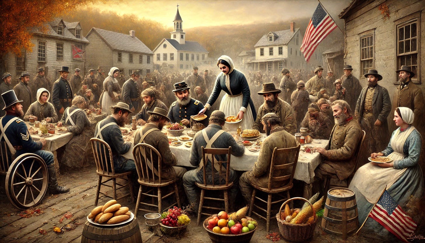 A poignant scene set in Gettysburg, Pennsylvania, during Thanksgiving in November 1863, shortly after the Civil War's infamous battle. The image depicts a modest town square with women and men organizing a simple feast. Sarah Broadhead, a widow in her 30s, is at the center, warmly interacting with injured Union and Confederate soldiers seated side by side at long wooden tables. The soldiers, some with bandaged wounds and others looking gaunt but hopeful, share bread, preserved fruits, and roasted game. The backdrop features a war-ravaged town with American flags fluttering solemnly in the cool autumn air. A sense of gratitude and healing fills the scene, capturing the resilience and shared humanity of this historical moment.