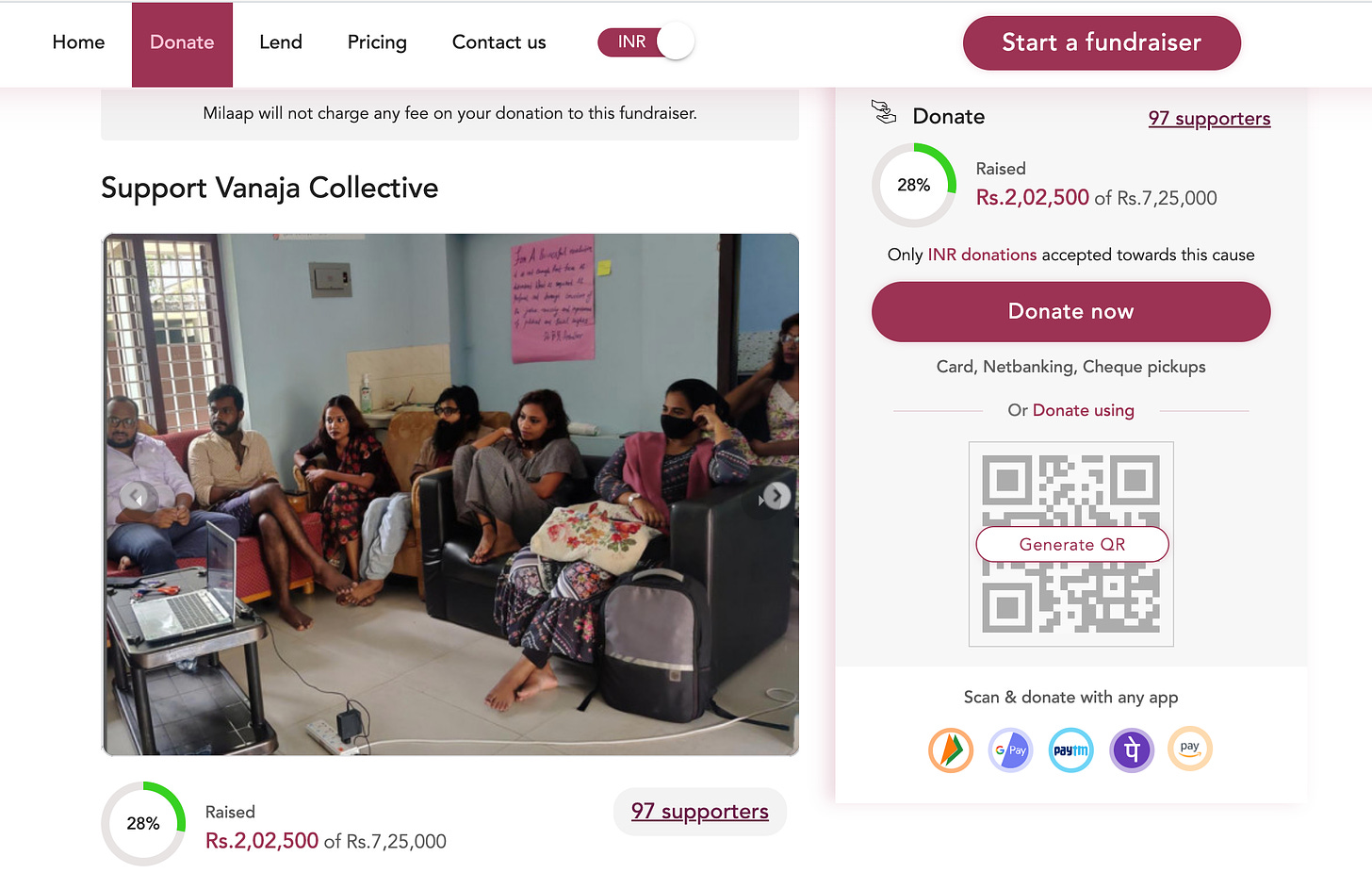 Screenshot of Vanaja Collective's Milaap fundraiser