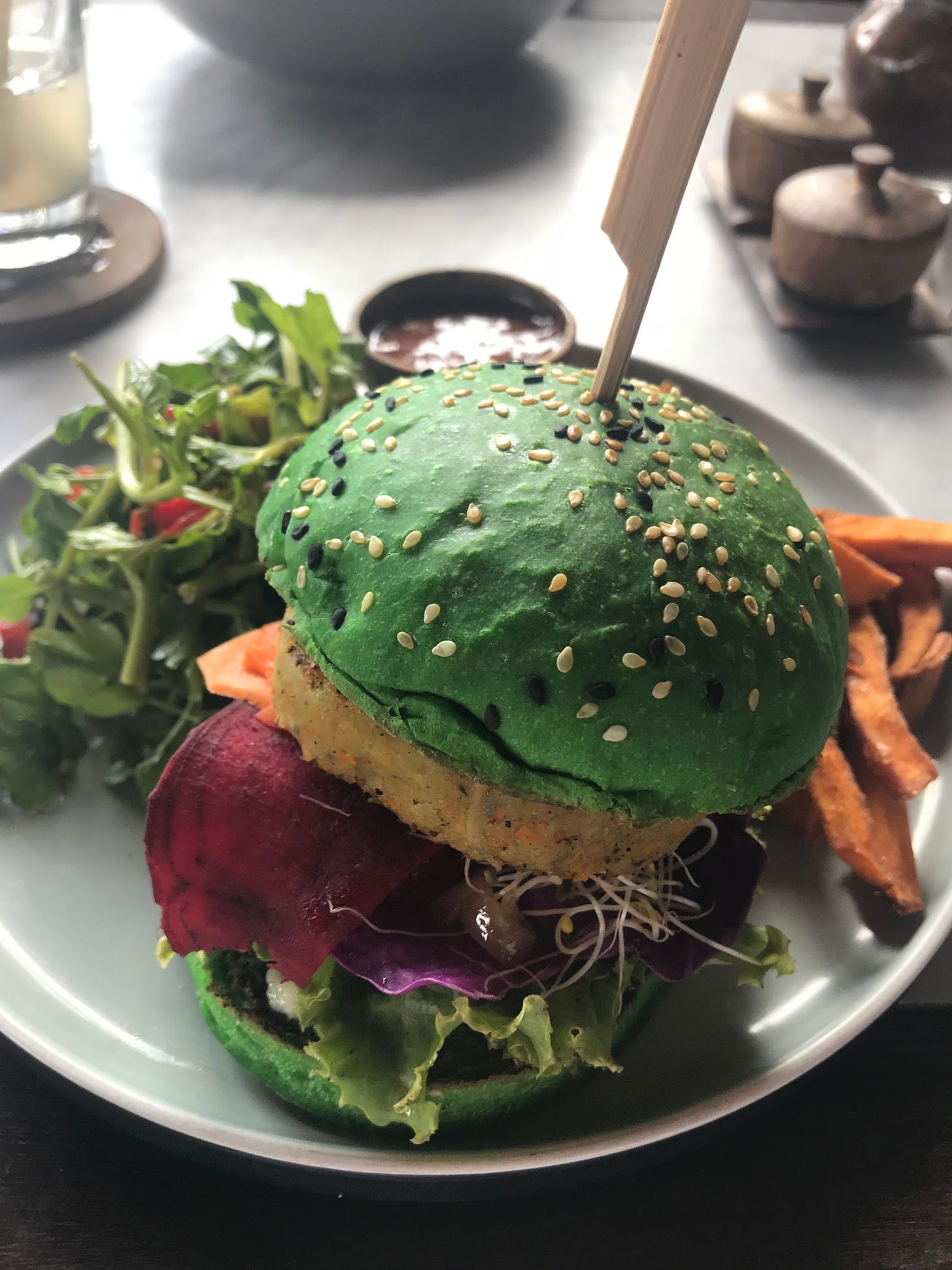 Veggie burgers and green buns