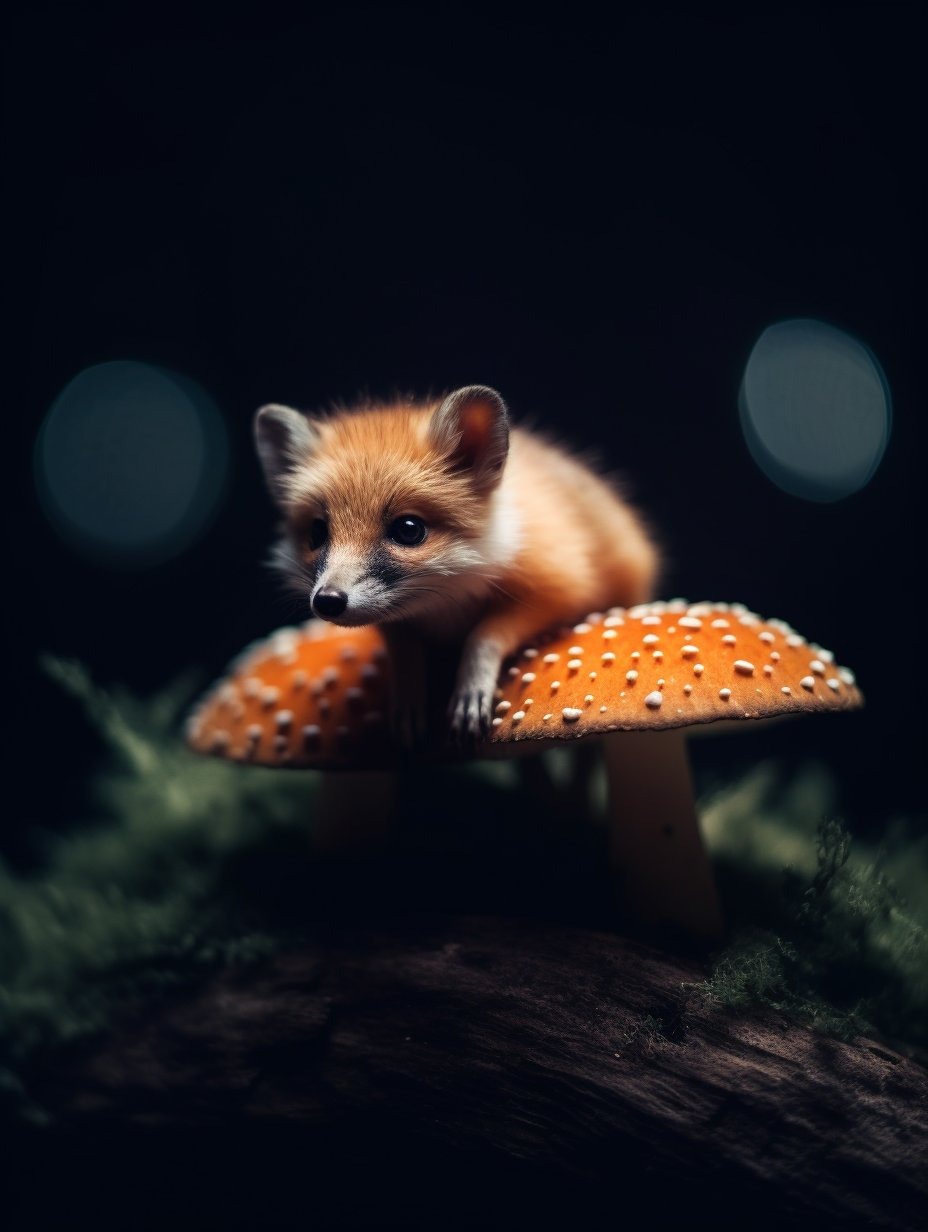 macro photo of the tiniest fox sitting under on a huge mushroom, award winning photography, shallow depth of field, at night, moon light shines upon him --ar 3:4 --s 250