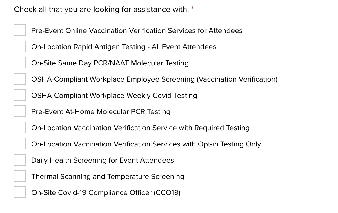 Screenshot from the Event Scan website, showing all of the services they offer. 
