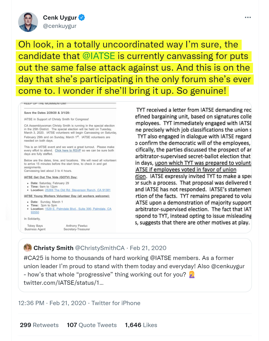 Tweet from Cenk Uygur with yellow highlighted text "Oh look, in a totally uncoordinated way I’m sure, the candidate that @IATSE is currently canvassing for puts out the same false attack against us. And this is on the day that she’s participating in the only forum she’s ever come to. I wonder if she’ll bring it up. So genuine!"