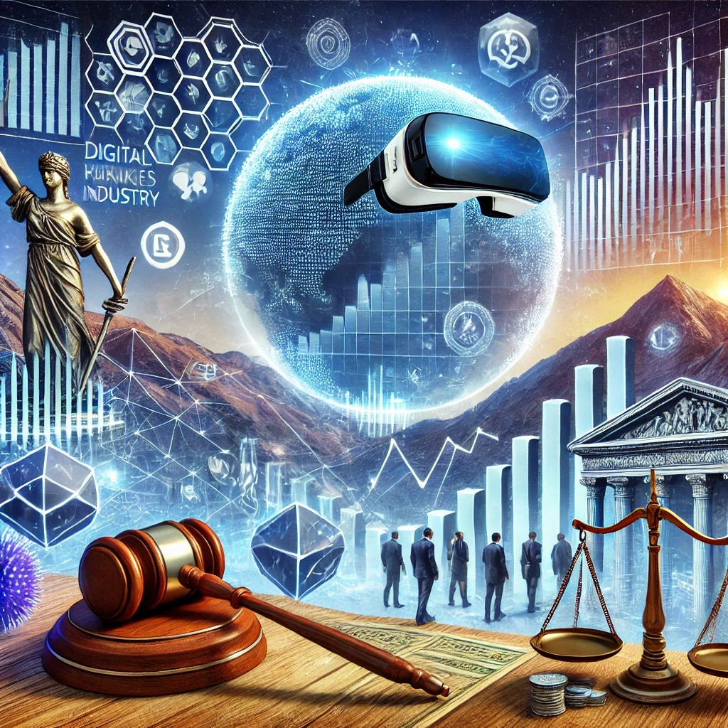 A realistic image for a newsletter illustrating the impact of the Metaverse on the securities industry. Show a digital landscape blending elements of the Metaverse (such as VR glasses, digital assets, and 3D virtual environments) with traditional finance symbols like stock market charts, securities, and financial graphs. Include hints of regulatory symbols, such as a gavel or scales, to represent the regulatory challenges being studied. The overall tone should be professional and thought-provoking, suggesting a dialogue within the financial industry about these emerging technologies. Size: 1024x1024.