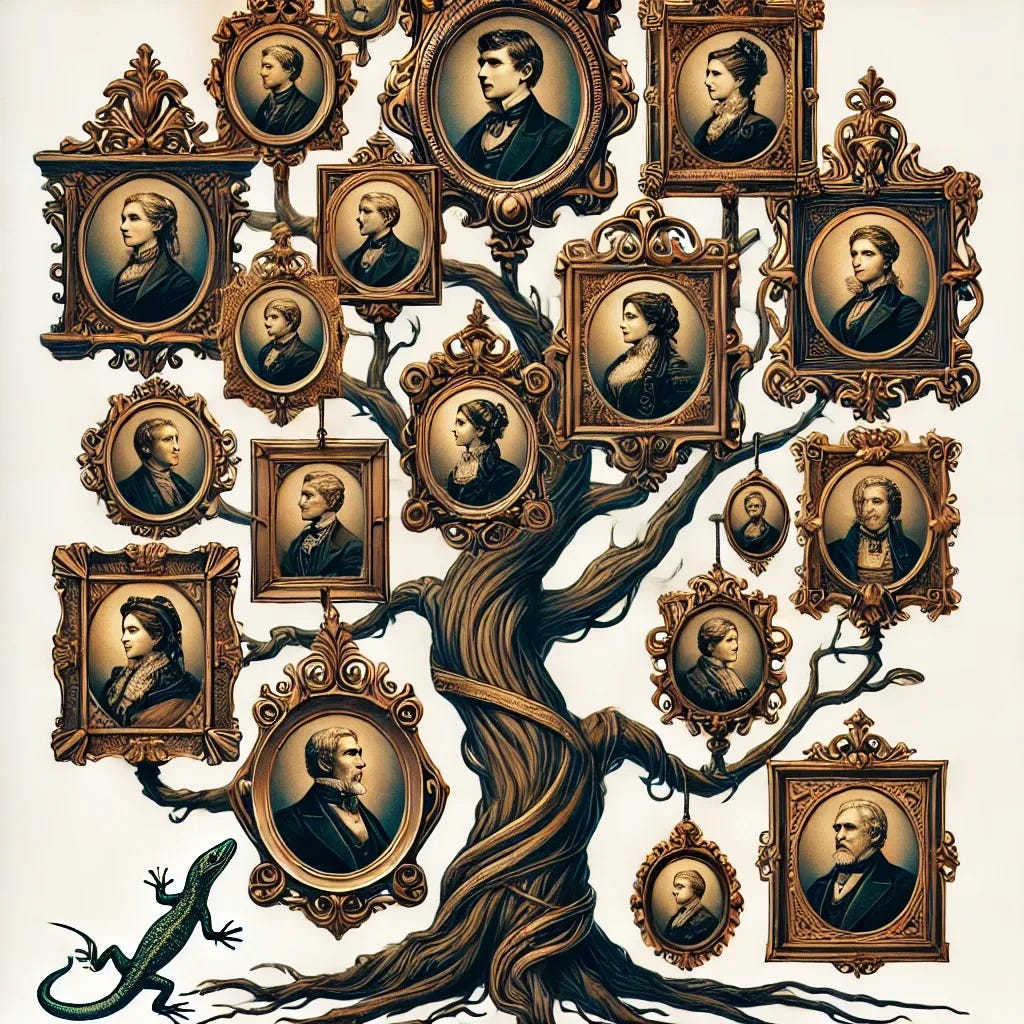 A family tree illustration with images of ancestors' heads inside old-style ornate picture frames. The tree is stylized, with branches winding through the frames, each frame featuring a portrait of a person. The style is vintage, with intricate gold and brass details on the frames, and the portraits are painted in a classic, historical manner. Here and there, mixed in among the framed ancestors, are one or two lizards, blending subtly into the scene as though part of the family tree. The overall feel is nostalgic and whimsical.