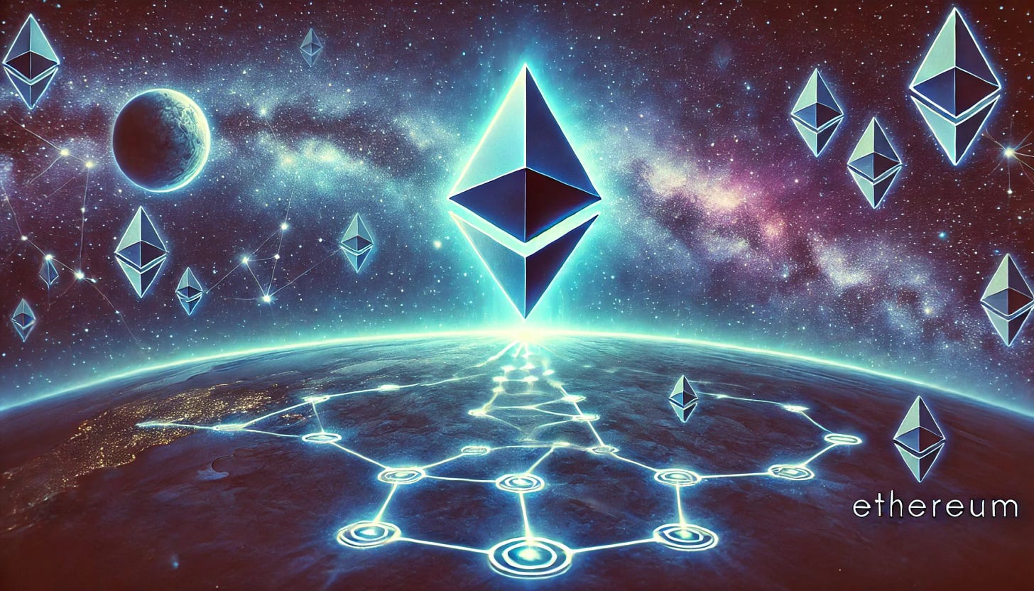 A conceptual banner-style digital artwork of Ethereum, symbolized by its iconic diamond-shaped logo, following a bright North Star (Estrella Polar) in the night sky. The Ethereum logo appears as a glowing futuristic spacecraft or guiding emblem, moving along a cosmic path of blockchain technology. The background features a deep blue and purple nebula with interconnected blockchain nodes forming a subtle roadmap. The North Star shines brilliantly, representing Ethereum’s leadership in the cryptocurrency world. The overall tone is visionary, futuristic, and inspiring.