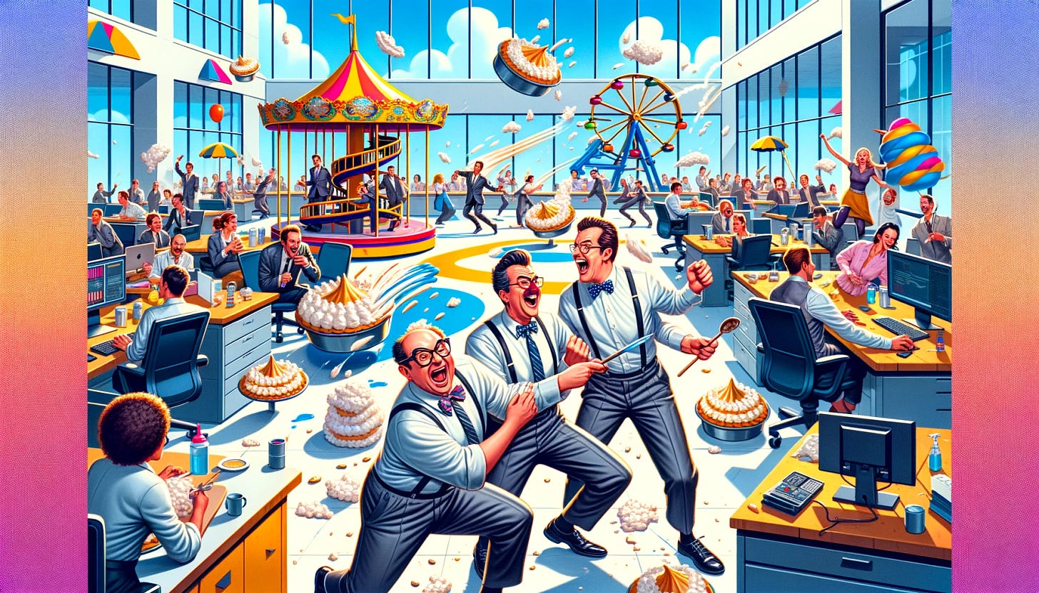 Illustrate a dynamic and colorful scene set in a modern office environment. The office is designed with unconventional, playful elements like merry-go-rounds, bouncy castles, and cotton candy machines, embodying a carnival-like atmosphere. In the foreground, three men in business attire, embodying the personas of Larry, Moe, and Curly from the classic comedy trio, are engaged in a spirited pie fight, with pies flying through the air and splattering everywhere. The background showcases other employees, diverse in appearance, laughing and participating in various creative and unconventional work activities. This illustration aims to capture the essence of a workplace that fully embraces neurodiversity and innovation, making it an inviting and stimulating environment. The overall tone is lively, humorous, and slightly chaotic, reflecting a place where creativity and fun drive productivity.
