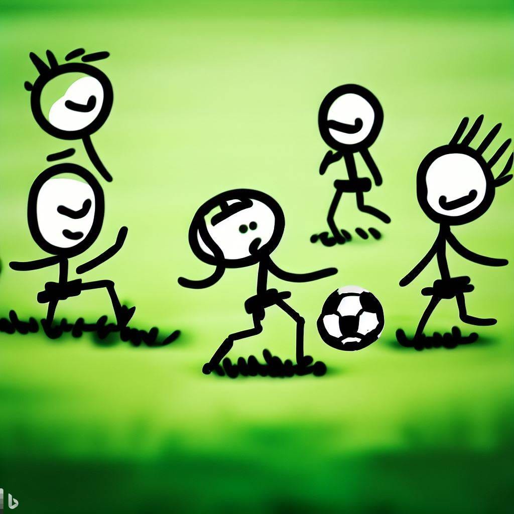 stick figure kids playing soccer on a green field.