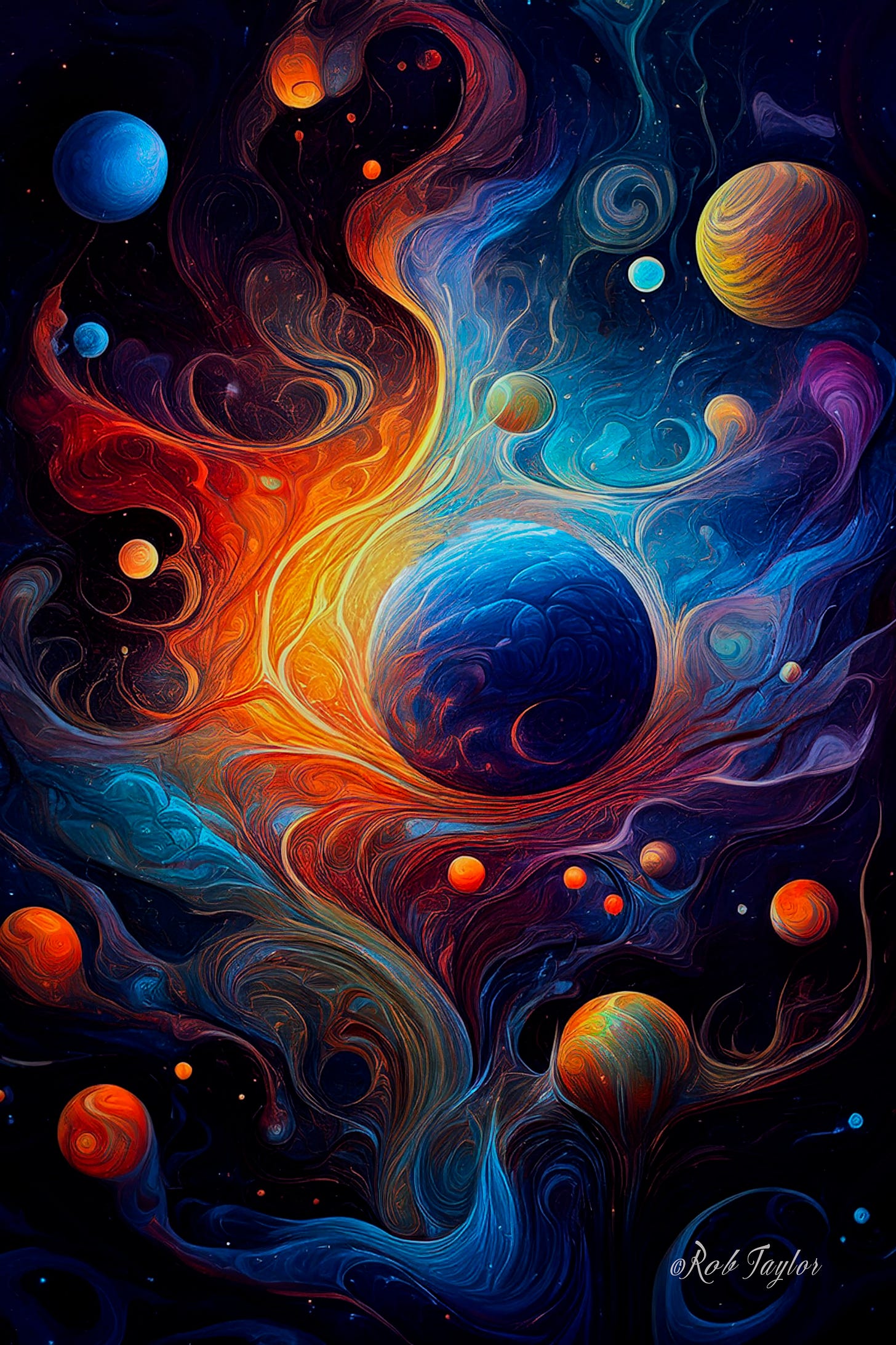 Abstract view of the universe with swirling symbolic planets in a sea of vibrant colors, illustrating interconnectedness and expanded consciousness.