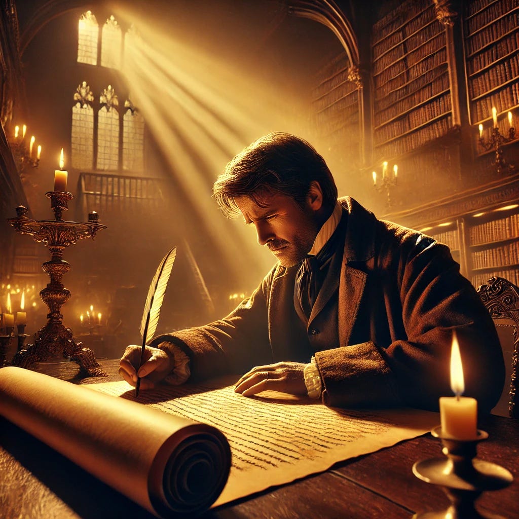 An epic image of John Campbell, the well-known broadcaster, writing on a scroll. He is seated at a large wooden desk, illuminated by a warm, golden light from an ornate lamp. The background is filled with shelves of books and historical artifacts, suggesting a scholarly and historical setting. John is intensely focused on the scroll, with a quill in his hand, writing with purpose and concentration. His expression is one of determination and insight, capturing his dedication to his craft. The overall atmosphere is grand and inspiring, reflecting the importance of his work.