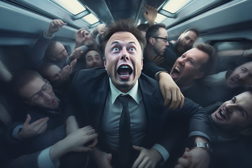 Elon Musk fighting for his life on a crowded train