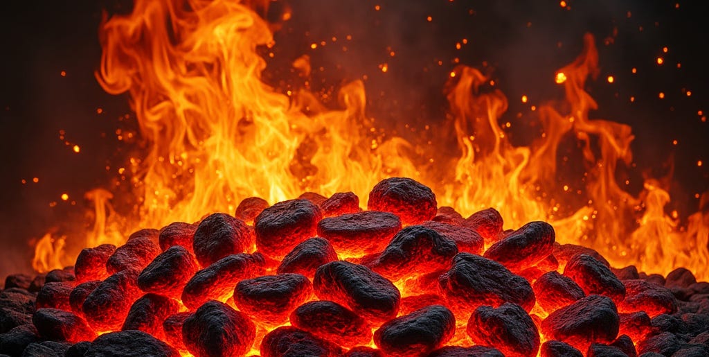 A fiery scene of burning coals with flames rising high, symbolizing the purification and cleansing of the altar, as described in the verse where Hezekiah’s servants report the completion of the temple's cleansing and restoration, including the altar of burnt offering.