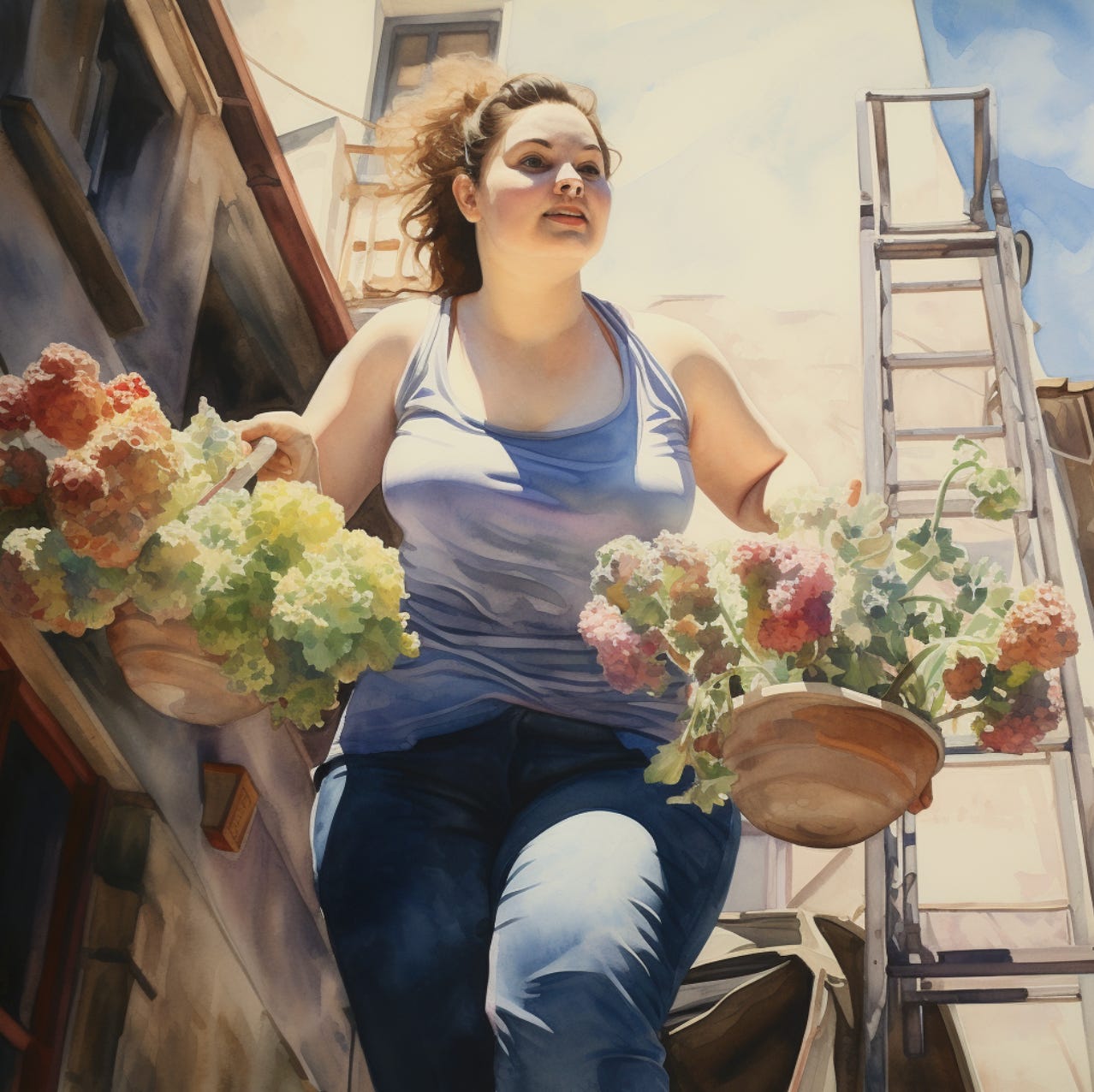 watercolor of a stout English lass on a ladder hanging baskets of geraniums in the English Cotswolds