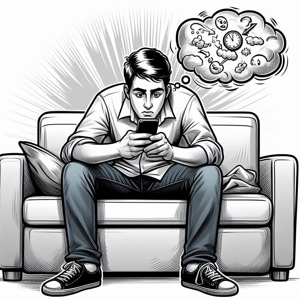 cartoon of someone obsessively staring at their phone, sitting on the sofa