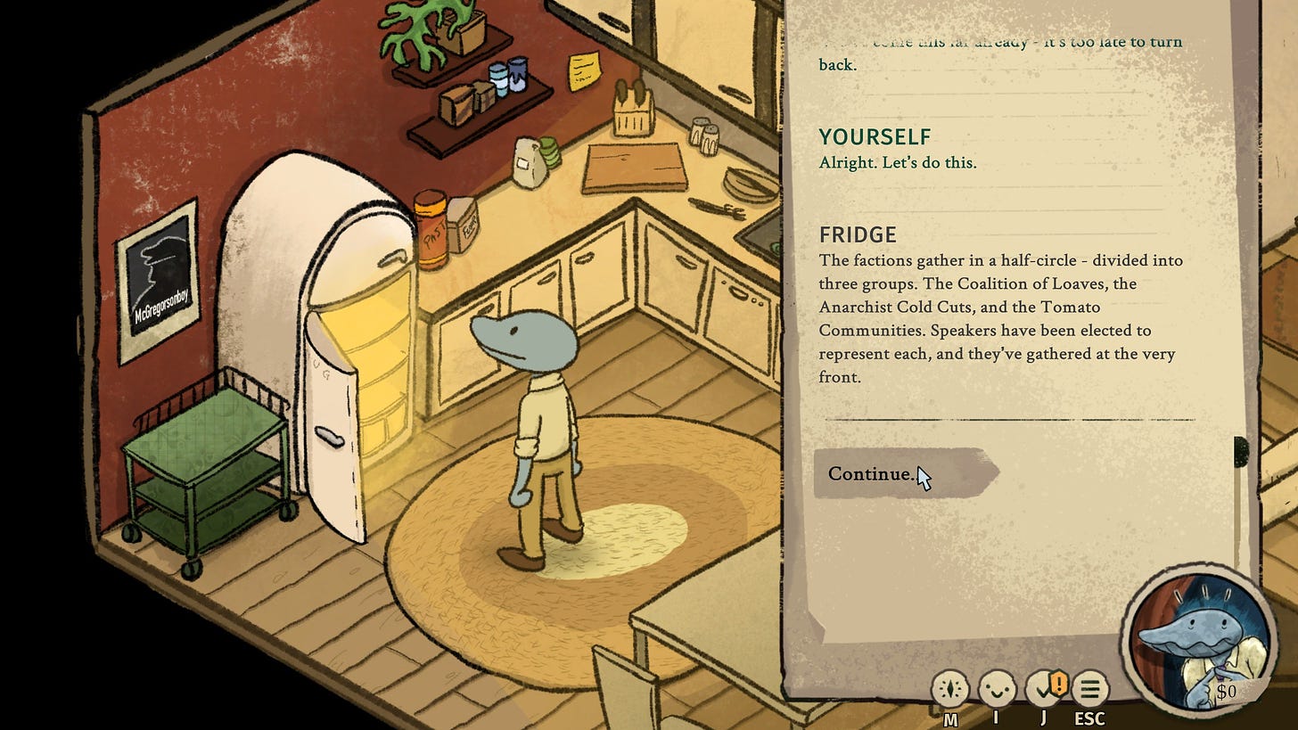 A screenshot of the upcoming game Clam Man 2: Headliner showing Clam Man in front of the open fridge in his apartment, with the dialogue describing a war between ingredients.