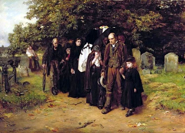 A painting of a village funeral; a group processes through a path in an overgrown graveyard, carrying a coffin draped in flowers and black fabric; many of those in the group wear deep black; the procession is led by a man in everyday rural attire, carrying a hat with a black crape band, and a small child in mourning black, who holds his hand. Other villagers, not in mourning, watch from a distance. 