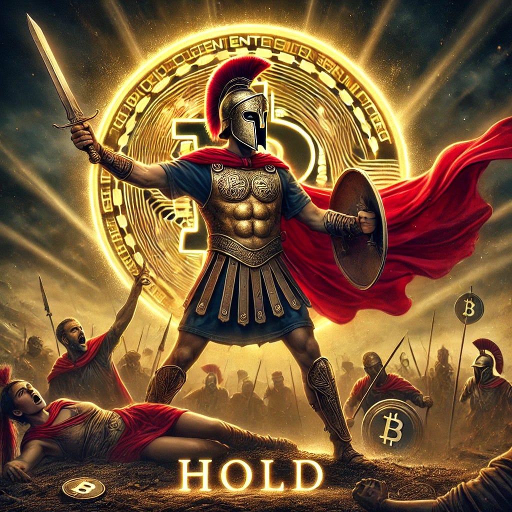 A warrior in ancient battle attire, now wearing a detailed Spartan helmet, standing amidst a battlefield with fallen warriors around him, holding a sword and shouting fiercely. The scene is dramatic, with intense lighting and a sense of struggle. The warrior is in mid-action, wearing a red cape, bronze armor, and the helmet. A large glowing Bitcoin (BTC) symbol radiates golden light in the background. The bold text 'HOLD' is displayed at the bottom, standing out against the battlefield.