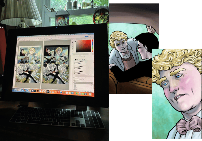 Left image: A photo of Colleen Doran's screen, showing her working on pages of the Good Omens graphic novel. On the right, an illustration of Aziraphale and Crowley talking, and one of Aziraphale looking to the left.