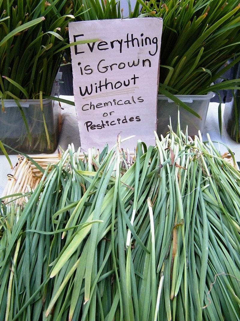 green vegetables for sale at a farmer's market, with a sign reading "everything is grown without chemicals or pesticides"