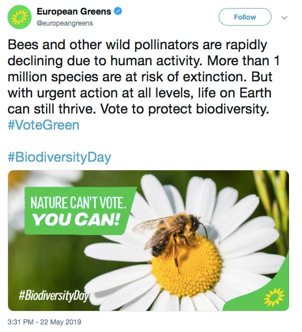 European Greens tweet with slogan 'Nature can't vote. You can!'