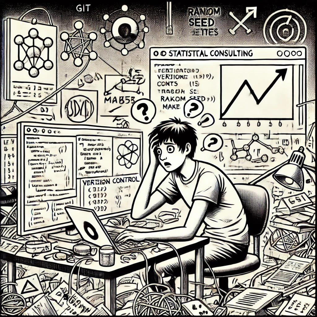 A very minimalistic black and white illustration of a stressed student working on a statistical consulting project with a messy codebase. The scene shows a simple cluttered workspace with a computer screen displaying complex code. In the background, faint symbols of version control (like Git) and automation tools (like Makefile) are shown. Include simple representations of machine learning challenges, such as a neural network diagram and random seed settings. The student looks confused and overwhelmed.