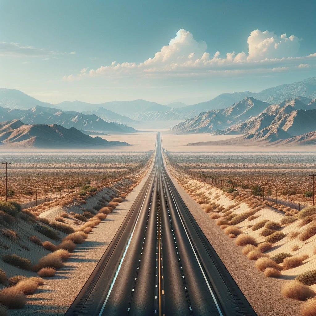 A photorealistic image of a highway in California with desert on both sides and mountains in the distance. The highway stretches out straight into the horizon under a clear blue sky, with sparse vegetation and dry landscape typical of a desert environment. The mountains in the background are rugged and majestic, adding depth to the scene.