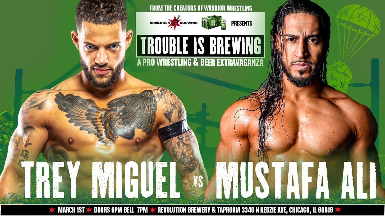 Mustafa Ali vs Trey Miguel Trouble is Brewing Graphic