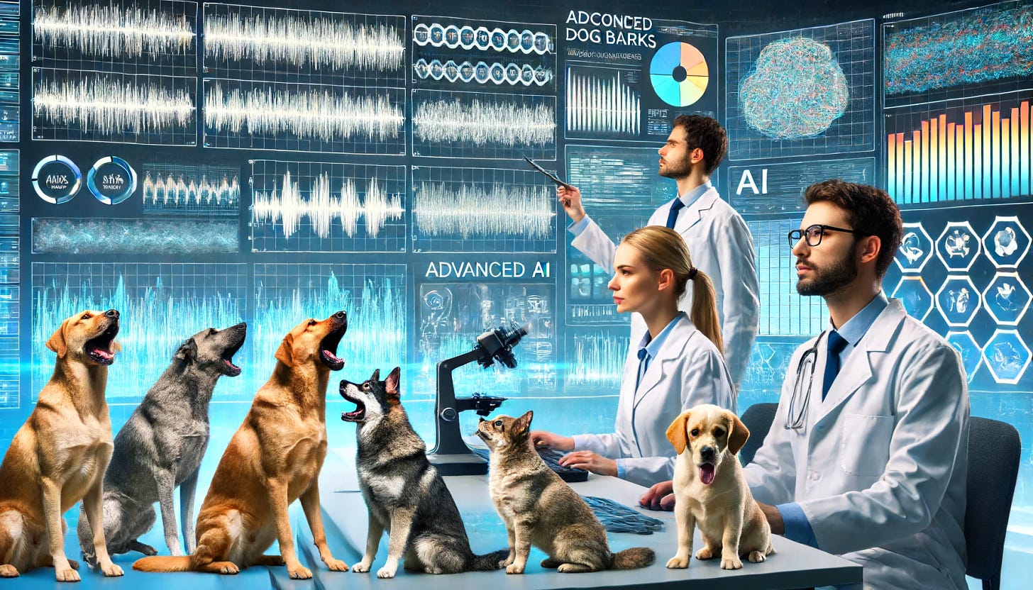 A research team from the University of Michigan using advanced AI to decode dog vocalizations. The image should show researchers analyzing dog barks with computer screens displaying waveforms and AI data. Include different dog breeds around the researchers to represent the variety in the study. The setting should be a modern laboratory with technical equipment and a backdrop of charts and graphs showcasing the data. The overall theme should emphasize technology and animal communication.